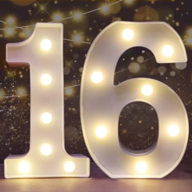 Pooqla Decorative Led Light Up Number Letters, White Plastic Marquee Number Lights Sign 16th Birthday Decorations for Girls Boys Party Wedding Decor Battery Operated Number (16) - Image 1