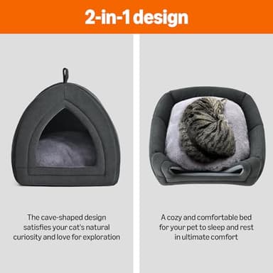 Amazon Basics Cat Cave Bed, 2-in-1 Foldable House for Indoor Cats, with Washable Cushion and Non-Slip Base, 17.5 x 17.5 Inches, Large - Image 3