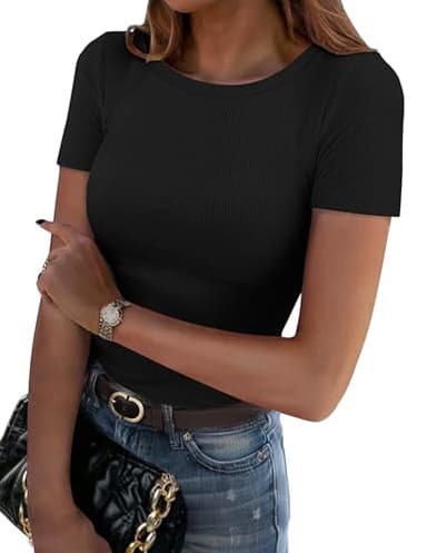 Zeagoo Dressy Tops for Women Short Sleeve Summer Outfits Slim Fitted Basic Tee Shirts Crew Neck Ribbed Blouse Casual Spring Clothing Black - Image 1