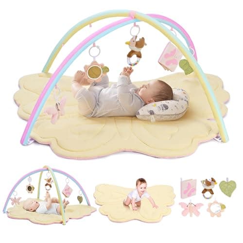 2PM SPORTS Pink Butterfly Theme Baby Play Mat, Tummy Time Play Mat for Infant Newborn, Baby Play Gyms & Playmats for Girl 0-6 6-12 Months, Activity Gym 5 Detachable Toys，Gimnasio para Bebes 0-12 Meses - Image 1