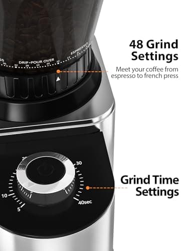 Aromaster Coffee Bean Grinder with 48 Gind Settings, Conical Burr Coffee Grinder for Home Use,Stainless Steel,40 Seconds Adjustable Timer,Anti-static,Easy to Clean with Brush - Image 3