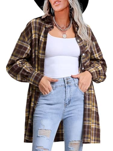 EXLURA Womens Plaid Flannel Shacket Long Sleeve Button Down Shirts Long Jackets Oversized Fall Fashion Outfits 2025 Clothes Yellow Brown - Image 1