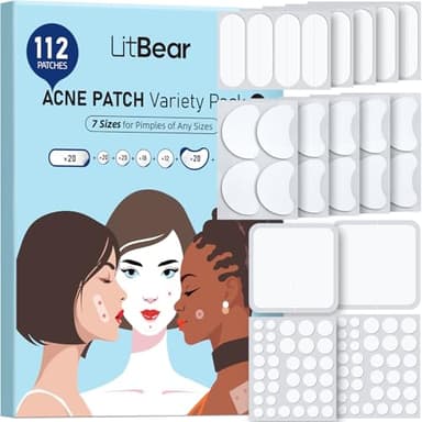 LitBear Large Pimple Patches (7 Sizes 112 Counts), Big Acne Patches, XL Hydrocolloid Bandages for Full Face, Forehead, Chin, Nose, Body, Back, Neck & Chest, Oval, Moon, Square hydrocolloid Patch - Image 1