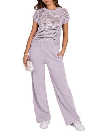 ANRABESS Women Two Piece Outfits Crochet Sheer Knit Sweater Top Wide Leg Pants Lounge Matching Sets Sweatsuit Travel Clothes Light Purple Small - Image 2