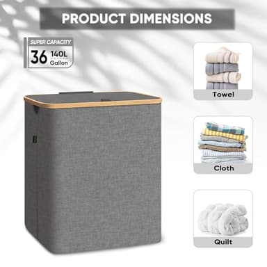 BALEINE Laundry Hamper with Lid, Tall Laundry Baskets with Bamboo Pull Handles, Large Laundry Bin with Internal Support (36 Gal/140L, Blue) - Image 4