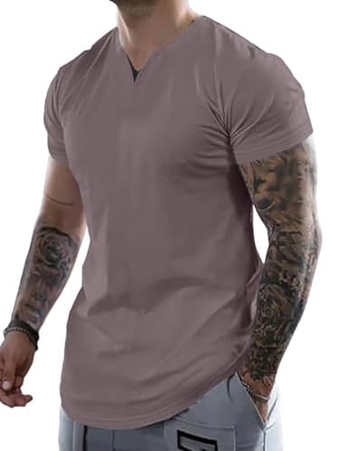 JMIERR Men's Muscle Slim Fit T-Shirt V Neck Black Henley Shirt Short Sleeve Gym Workout Athletic Fitted Tees Shirts for Men, L, Brown - Image 1