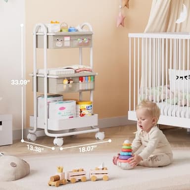 Modanais Baby Diaper Caddy Organizer Cart - 3 Tier Rolling Storage Cart with Wheels, Baby Essentials Nursery Storage, Detachable Dividers - for Crib, Bedroom, Art & Craft Organizer (Off White) - Image 2