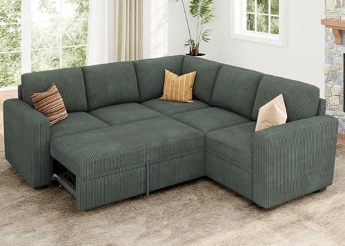 HONBAY Sectional Sleeper Sofa with Pull Out Bed, Corduroy L Shaped Couch with Storage, Modular Sectional Couches for Living Room, Green - Image 1