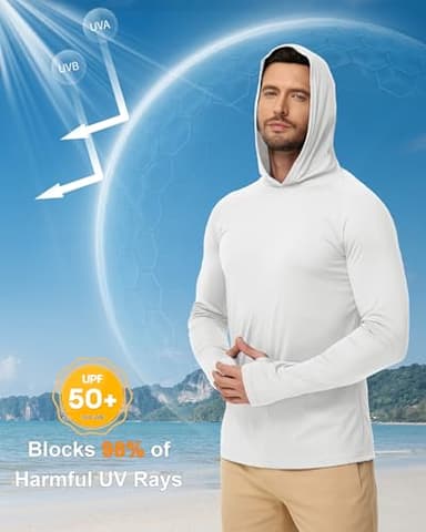 Boladeci Men's UPF 50+ Sun Protection Long Sleeve Swim Shirt Quick Dry Hooded T-Shirt for Fishing Hiking Swimming Surfing (White) - Image 2
