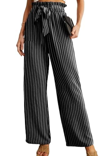 IWOLLENCE Women's Wide Leg Pants with Pockets High Waist Adjustable Knot Loose Casual Trousers Business Work Casual Pants Black Stripe L - Image 1