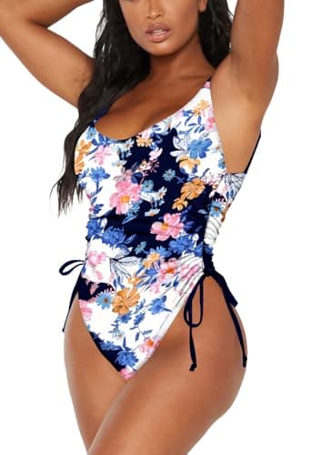 Viottiset Women's Drawstring One Piece Swimsuit Tummy Control High Cut Cheeky Bathing Suit Blue Printed Pattern 2XL - Image 4