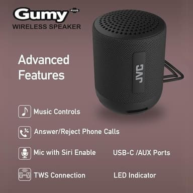 JVC Gumy Portable Bluetooth 5.3 Speaker – Indoor/Outdoor Wireless – Waterproof for Travel & Home – 16HR Playtime – USB-C, Aux Input, Compact & Easy to Carry, Mic for Calls, Voice Assist, Carry Strap - Image 5