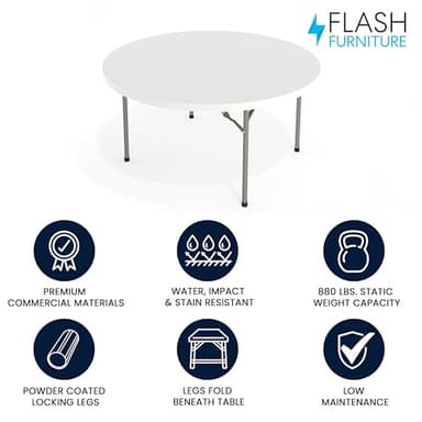 Flash Furniture 5' Round All-Occasion Plastic Folding Event Table for Parties and Trade Shows, Folding Banquet Table for Indoor/Outdoor Events, White - Image 3