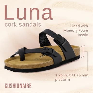 CUSHIONAIRE Luna Crossover Toe Strap Womens Sandals – Cork Footbed Slides with Adjustable Straps, Summer Sandals for Women 2025, BLACK 8 - Image 2