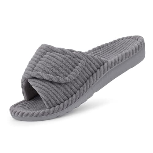 Litfun Orthopedic House Slippers for Women Adjustable Arch Support Indoor Slippers Open Toe Corduroy Bedroom Shoes, Grey 38 - Image 1