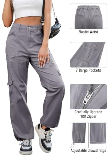 IVIR High Waisted Cargo Pants Women Adjustable Waist Wide Leg Casual Pants Combat Military Trouser Grey XS - Image 3
