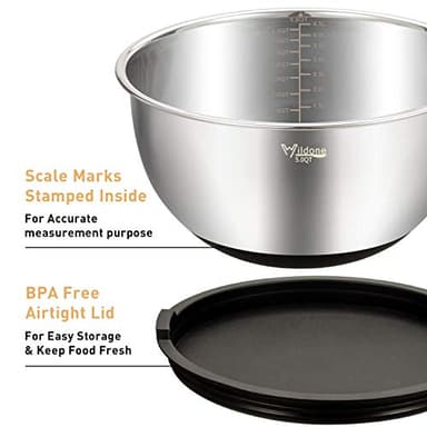 Wildone Mixing Bowls with Airtight Lids Set, 5PCS Stainless Steel Nesting Bowls for Kitchen, with Grater Attachments & Non-Slip Bottoms, Size 5, 3, 2, 1.5, 0.63 QT, Great for Mixing & Serving - Image 2