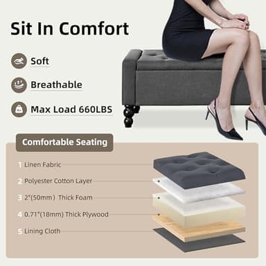 DRM‘SCUUM 50" W Storage Ottoman Bench with Safety Hinge, Load up to 660 lb Ottoman with Storage, Upholstered Tufted Entryway Bench with Seating for Living Room, Bedroom, Entryway, Dark Gray - Image 5