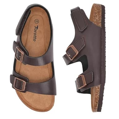 Torotto Toddler Kids Sandals Boys Girls Cork Footbed Sandals with Adjustable Buckle Casual Slides Open Toes Flat(LHJ385/Brown,23) - Image 6