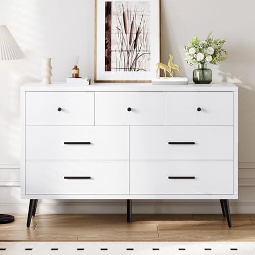 DWVO White 7 Drawer Dresser, 47" W Large Double Dresser Chest of Drawers, Modern Wood Storage Organizer with Black Metal Handles & Anti-Tipping Device for Hallway, Entryway - Image 1