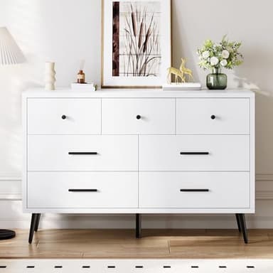 DWVO White 7 Drawer Dresser, 47" W Large Double Dresser Chest of Drawers, Modern Wood Storage Organizer with Black Metal Handles & Anti-Tipping Device for Hallway, Entryway - Image 1