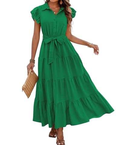 dowerme Women's Summer Casual Dresses 2025 Cap Ruffle Sleeve V Neck Button Belted Tiered Boho Maxi Dress with Pockets(Bright Green,Medium) - Image 1