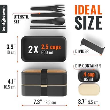 Bentoheaven Premium Bento Box Adult Lunch Box with Compartments for Women & Men, Set of Utensil & Chopsticks & Dip Container, Cute Japanese Kids Bento Lunch Box, Microwavable (Symph Onyx) - Image 6