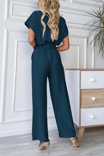 PRETTYGARDEN Women One Piece Outfits Casual Wrap V Neck Short Sleeve Pants Jumpsuits Rompers (Dark Blue,Large) - Image 4