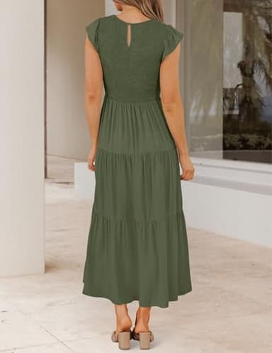 ZESICA Women's 2025 Summer Casual Flutter Short Sleeve Crew Neck Smocked Elastic Waist Tiered Midi Dress,Army Green,Medium - Image 3