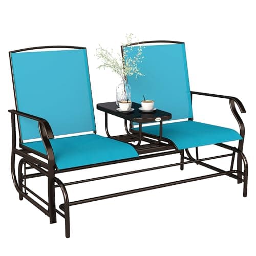 Outsunny Outdoor Glider Bench with Center Table, Metal Frame Patio Loveseat with Breathable Mesh Fabric and Armrests for Backyard Garden Porch, Blue - Image 1