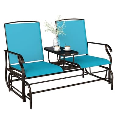 Outsunny Outdoor Glider Bench with Center Table, Metal Frame Patio Loveseat with Breathable Mesh Fabric and Armrests for Backyard Garden Porch, Blue - Image 1
