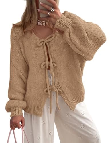 PRETTYGARDEN Women's Tie Front Bow Cardigan Sweaters Chunky Knit Long Puff Sleeve Trendy Fall Winter Jacket Coats (Camel,Medium) - Image 1