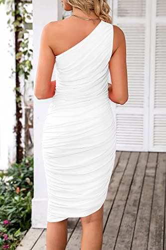PRETTYGARDEN One Shoulder Dresses for Women 2025 Summer Ruched Mesh Asymmetrical Cocktail Wedding Guest Bodycon Dress (White,Large) - Image 3