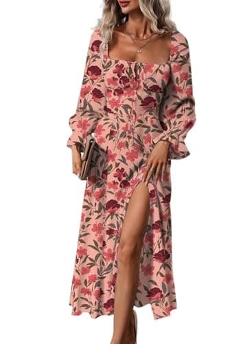 BLENCOT Womens Floral Square Neck Long Sleeve Dress Side Split Thigh Tie Front Flowy Boho Maxi Dresses Red Flroal Printed XL - Image 1