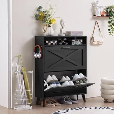 Joaxswe Shoe Storage Cabinet With 2 Flip Drawers, Farmhouse Organizer for Entryway, Narrow Hidden Rack With Wooden Legs & Open Storage, Free Standing Closet for Foyer, Hallway, Black - Image 8
