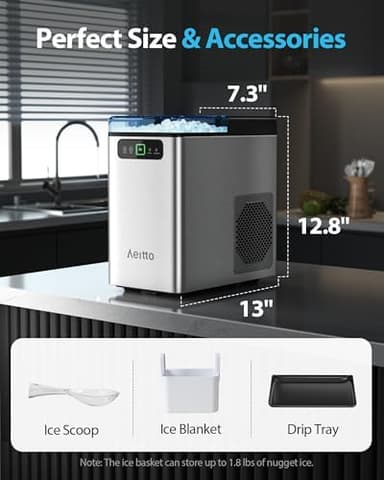 Aeitto Nugget Ice Maker Countertop, Pellet Ice Machine Soft Chewable Ice 40lbs/Day, One-Click Operation, Auto Self-Cleaning Crushed Ice Makers Stainless with Scoop for Home/Kitchen/Office (Silver - Image 6