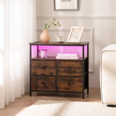Yoobure Night Stand with Charge Station, Nightstand with 4 Drawers Bedside Table, LED Dresser with Storage Shelf, Night Stands for Bedroom, Side Table 3-Tier Wood End Table for Home Rustic Brown - Image 4