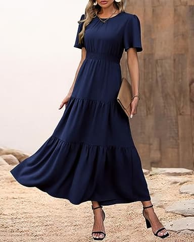 PRETTYGARDEN Women's Summer Casual Short Flutter Sleeve Round Neck Smocked Waist Tiered Boho Floral Flowy Maxi Dress(Solid Navy,Medium) - Image 2
