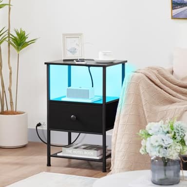 LOAKEKEL Night Stand Set 2, LED Nightstand with Charging Station, End Tables Living Room with Fabric Drawer, Small Side Tables for Bedroom, Small Space, Black, HETS01BK - Image 2
