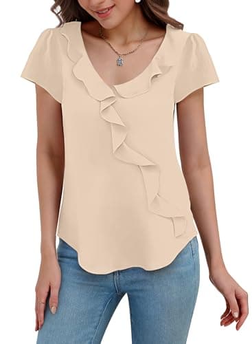 GUNEST Women Summer Tops Apricot Blouse Ruffle Crew Neck Short Sleeve Chiffon Dressy Solid Color Casual Loose Fit Work 2025 Spring Summer Trendy Shirts Outfits for Ladies Girls - Image 1