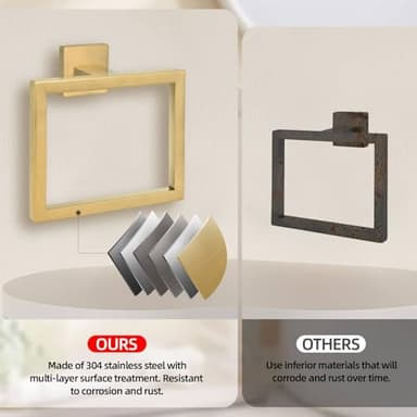 2-Piece Brushed Gold Towel Ring,Square Hand Towel Holder,Stainless Steel Modern Towel Holder Wall-Mounted Bathroom Towel Ring Towel Rack - Image 3