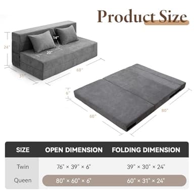 HOMFINE Folding Sofa Bed - Convertible Sleeper Chair with Pillow, Fold Out Couch, Memory Foam Floor Mattress, Futon Couch, Lazy Sofa for Living Room/Dorm/Guest Room/Home Office, Queen, Grey - Image 2
