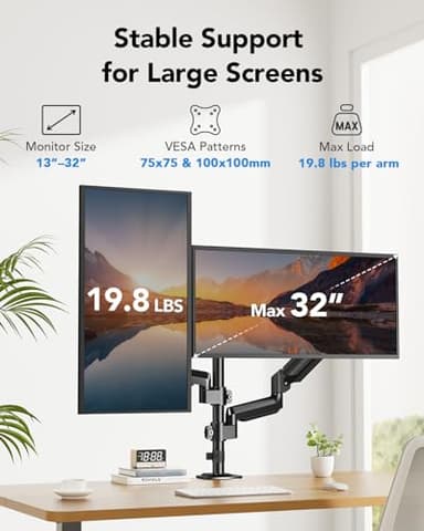 HUANUO Dual Monitor Mount up to 32 inches Screens, Taller Monitor Stand Hold 19.8lbs, Dual Monitor Arm Desk Mount Easy Adjustable with Tilt, Swivel, Rotation, VESA 75/100mm - Image 2