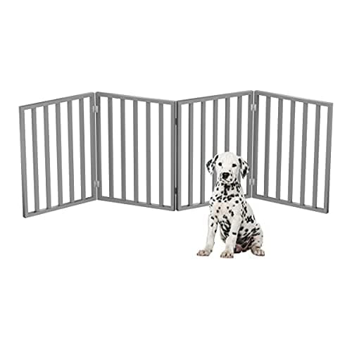Pet Gate - 4-Panel Indoor Foldable Dog Fence for Stairs, Hallways, or Doorways - 72x24-Inch Retractable Wood Freestanding Dog Gates by PETMAKER (Gray) - Image 1