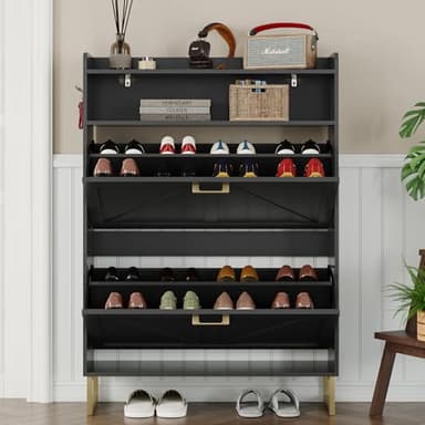 BORNOON Shoe Cabinet with 2 Flip Drawers Narrow Shoe Storage Cabinet Organizer Wooden Freestanding Rack Hidden Slim Storage for Entryway, Hallway, Living Room, Bedroom - Image 7