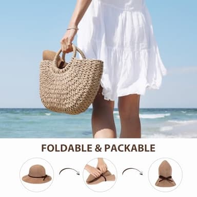Sun Beach Hats Summer for Women, UPF 50+ UV Sun Protection Woven Crochet Hat Foldable Packable Roll up Knitted Cap, Khaki - Image 6