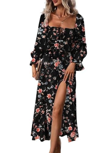 BLENCOT Women's Floral Print Puff Long Sleeve Maxi Dress Sexy Square Neck Tie Front Ruffle Hem Split A-line Beach Dresses Black L - Image 1