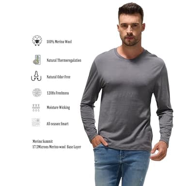 100% Ultrafine Merino Wool Base Layer for Men | V-Neck Long Sleeve Thermal Shirt, Moisture Wicking & Odor Resistant Grey - Image 2