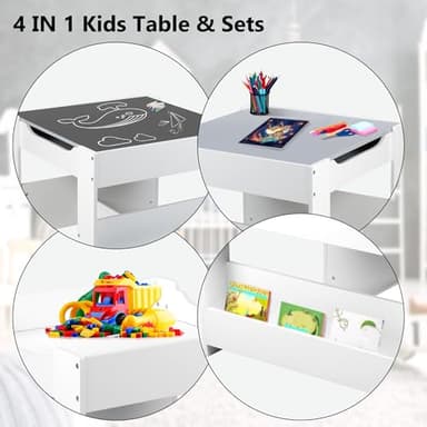 Kinder King Kids Wood Table & 2 Chairs Set, 4 in 1 Children Activity Table w/Double Bookcase, Blackboard, Toddler Furniture Set for Art, Crafts, Drawing, Reading, Playroom, Grey - Image 2