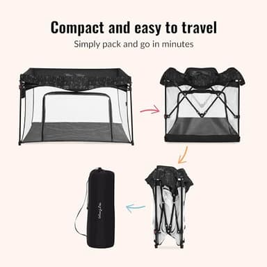 Dream On Me Ziggy Square Playpen with Canopy – Black/White, Spacious Baby Play Yard, UV and Bug Protection, Padded Floor, Foldable and Travel-Friendly - Image 4